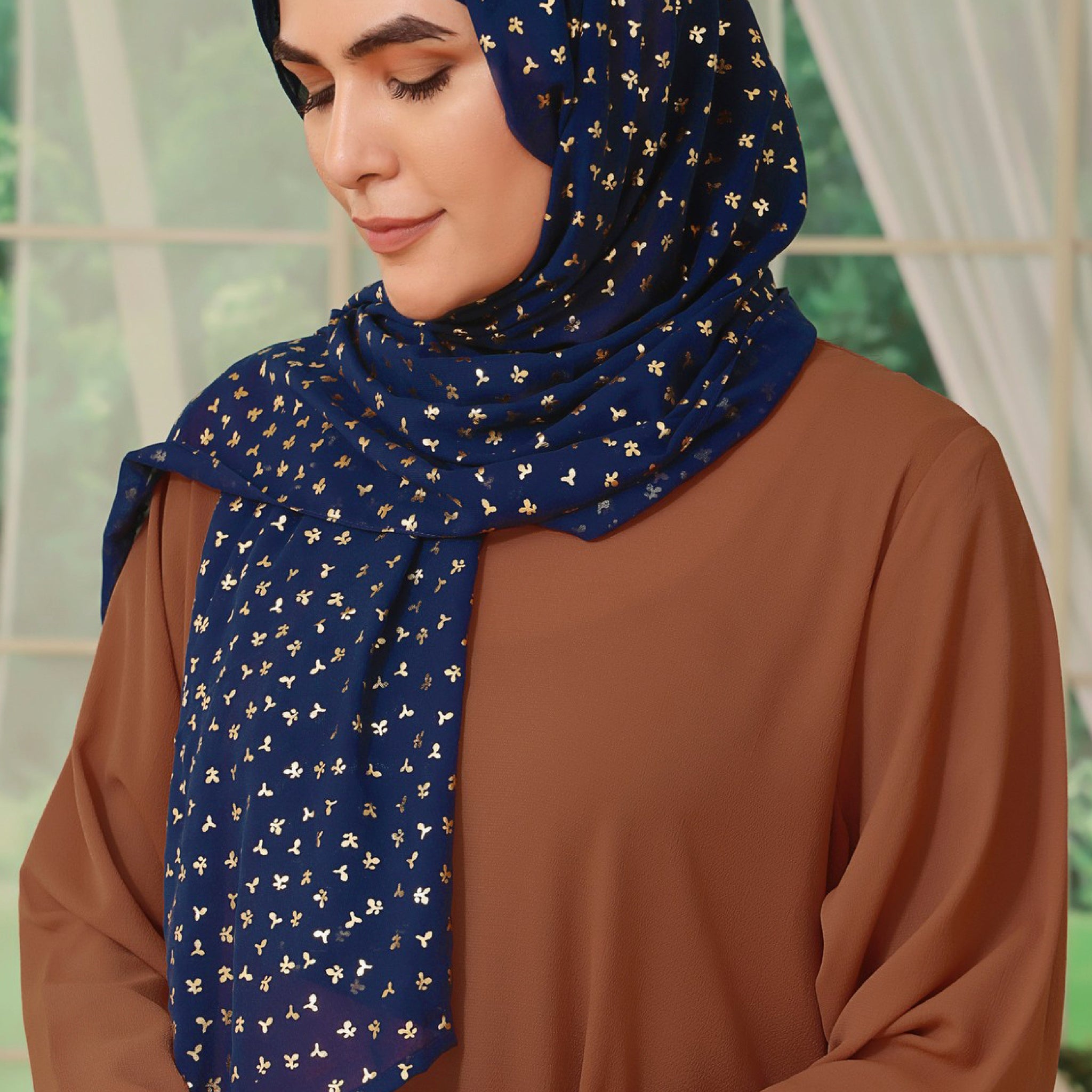 Gold Print Chiffon - Blue