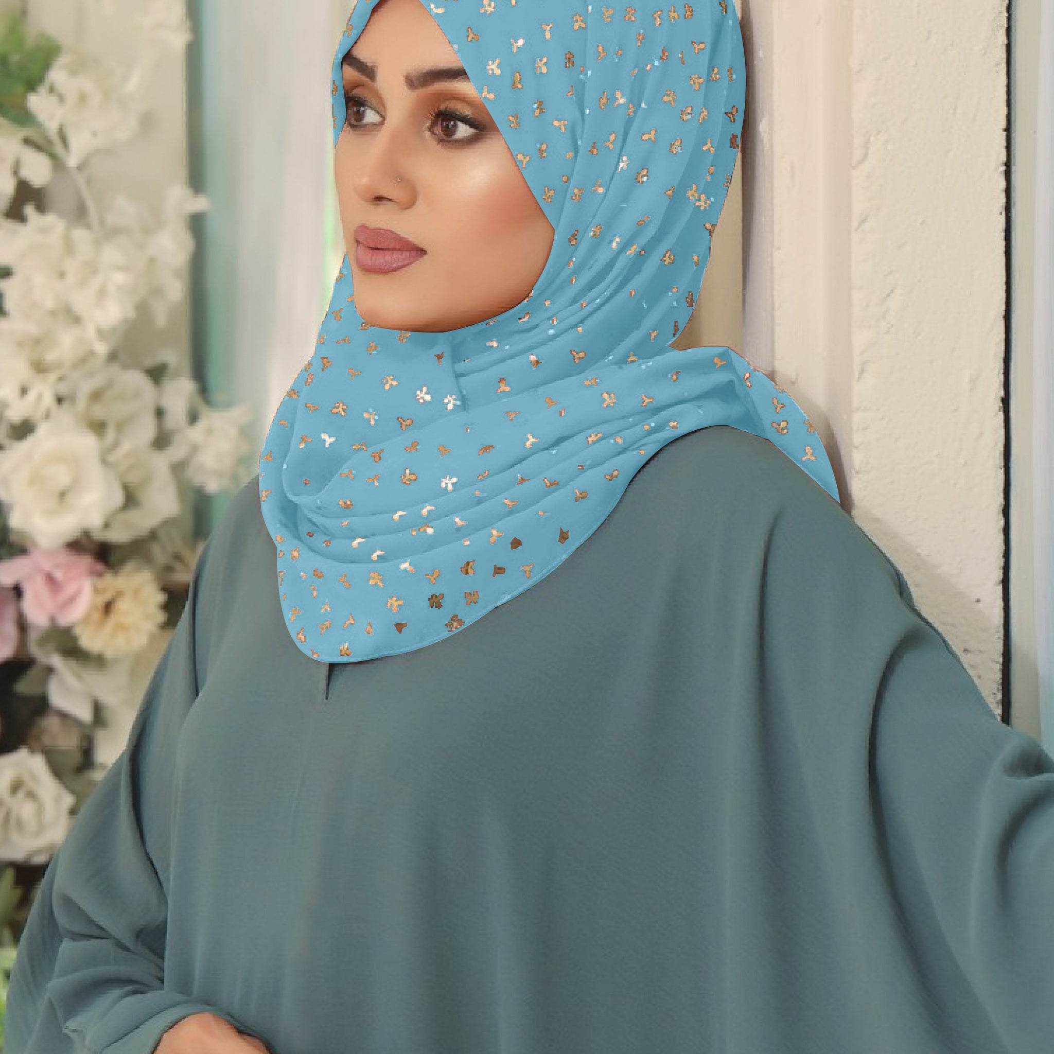 Gold Print Chiffon - Sky