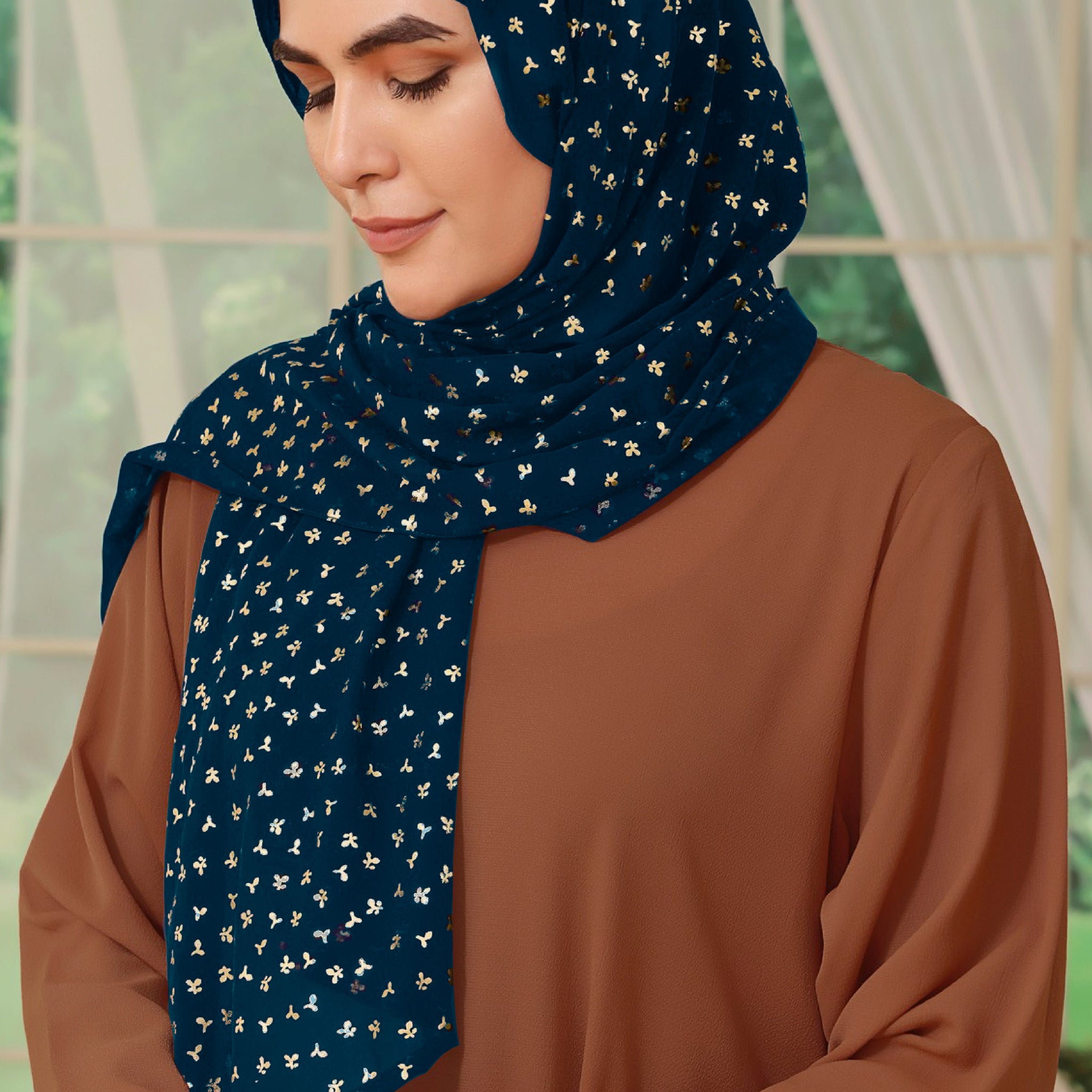 Gold Print Chiffon - Teal